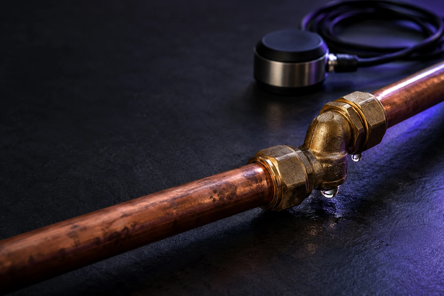 Illustrative copper pipework with a detection sensor and water droplets